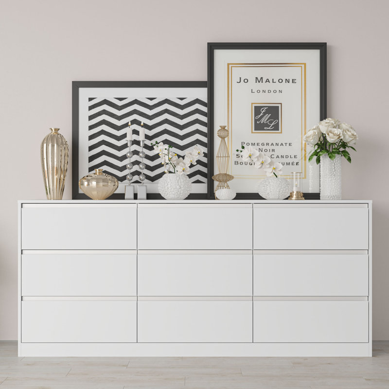Très grande commode à 9 tiroirs en bois, l 70,9 po de long avec 9 tiroirs, Blanc