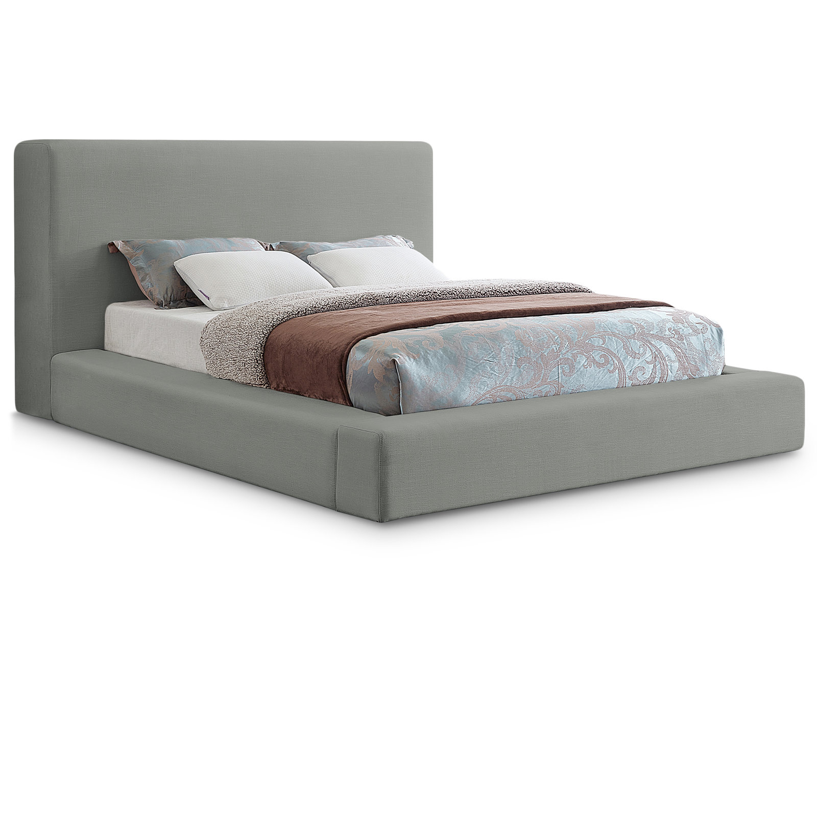 Ishia Velvet Upholstered Bed, Queen, Grey Linen