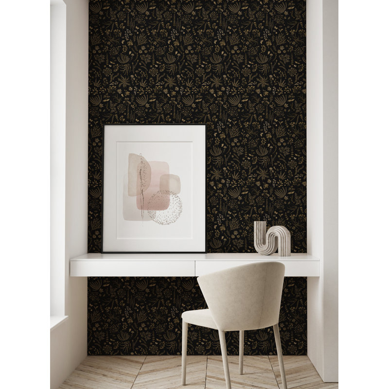 Rouleau de papier peint adhésif floral Kritika, Or/noir, L 2 pi x H 18 pi