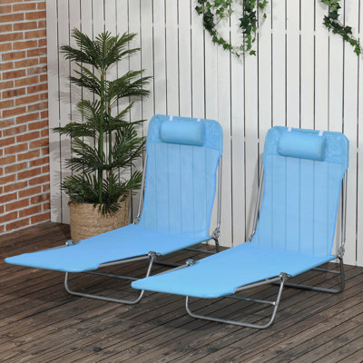 2 Piece Folding Chaise Lounge Chairs, Pool Sun Tanning Chairs, Outdoor Lounge Chairs With 6-Position Reclining Back, Breathable Mesh Seat, Headrest For Beach, Yard, Patio, Blue