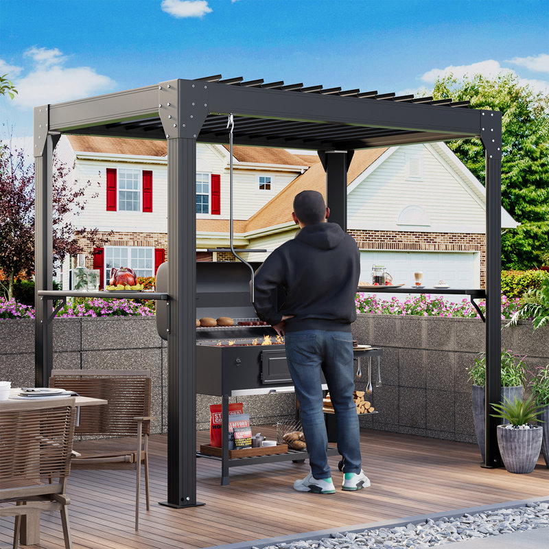 8 X 5ft Louvered Pergola, Aluminum Bbq Pergola, Adjustable Rainproof Roof, Hardtop Gazebo For Outdoor Grill & Patio, Black