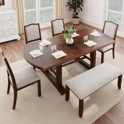 Ensemble de table de salle à manger 6 pièces exquis avec fonction extensible, chaises rembourrées et banc pour les réunions de famille et les diverses occasions de repas