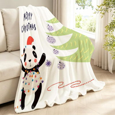 Jeté en molleton blanc ultra doux en flanelle, imprimé mignon d'un panda Santa