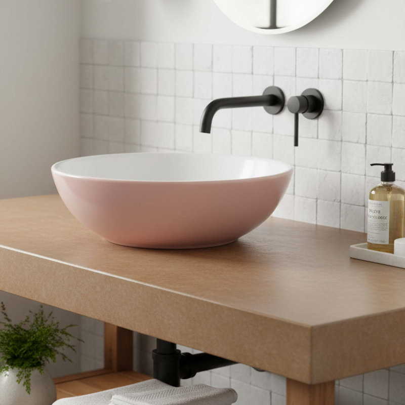 16" Round Ceramic Vessel Bathroom Sink – Modern Textured Interior Bowl Design in Vintage Rose, Pink