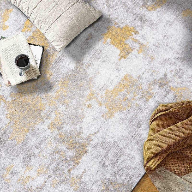 Slavejka Abstract Gray/Yellow/Ivory Area Rug, Rectangle 5' x 7'