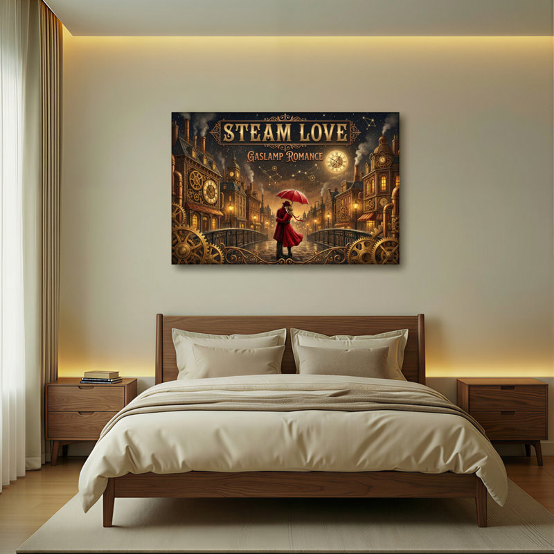 Ensemble de 1 tableau sur toile tendue représentant un paysage urbain victorien steampunk, inspiré par l'amour à la vapeur et les lampadaires.
