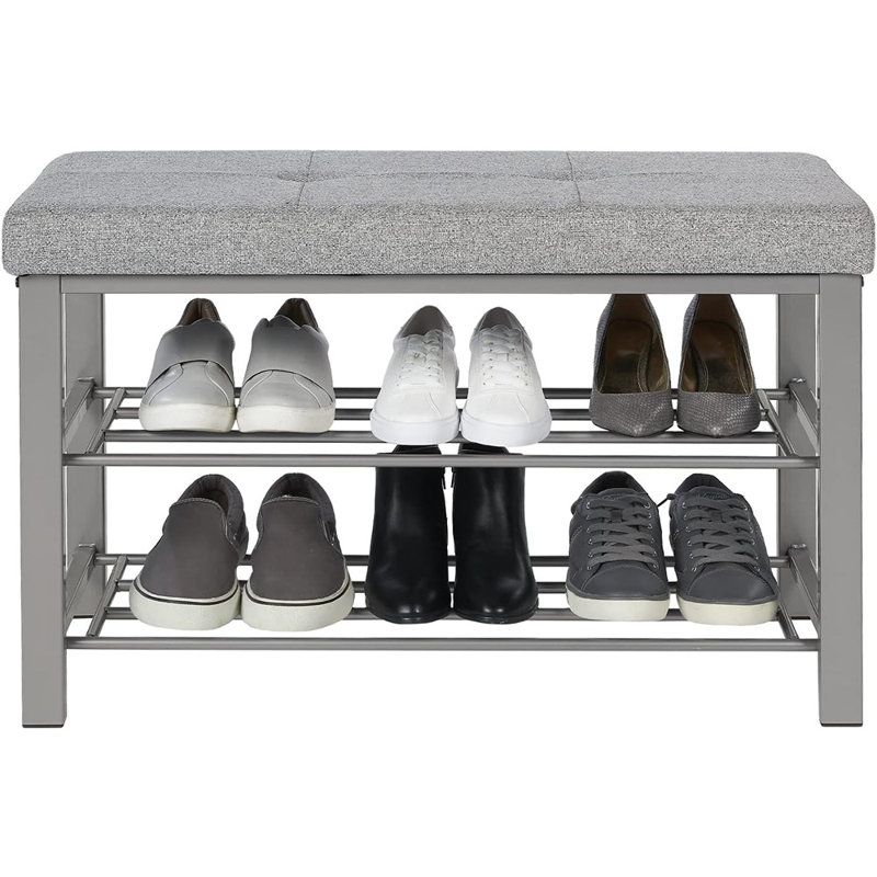 Dark Charcoal Upholstered Shoe Storage Bench with Metal Frame