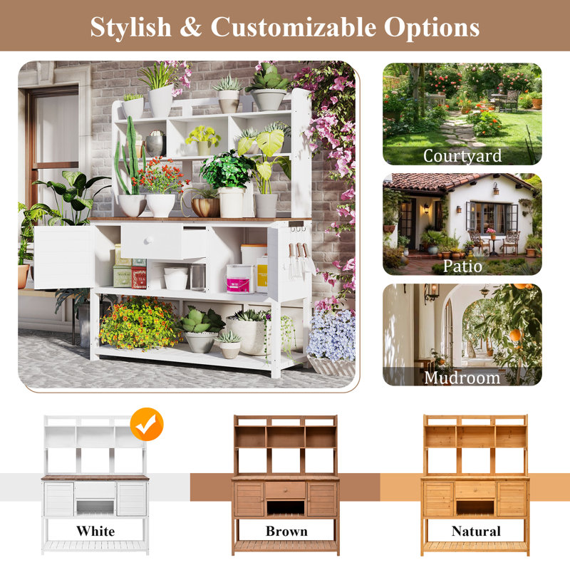  Outdoor Potting Bench Table, Solid Fir Wood with Hutch, storage units & Adjustable Shelves for Planting, White, White