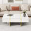 Table basse 47,2 "x 31,4" minimaliste ultrabrillante avec 2 tiroirs, table de canapé rectangulaire multi-rangement avec pieds en grain de bois doré, table de centre moderne pour le salon, blanc