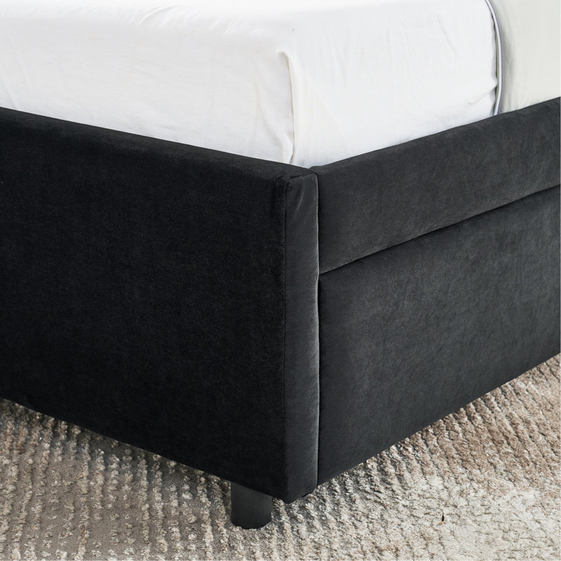 Noir, lit double, lit de jour, revêtement en velours, deux tiroirs, confortable, style moderne, structure de lit de taille bureau avec rangement Mid-Century pour