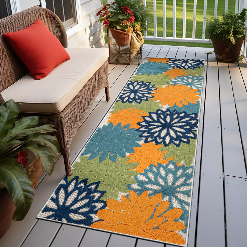 Tapis floral ivoire / multicolore intérieur / extérieur, Multi, Tapis de couloir de 2 pi x 7 pi
