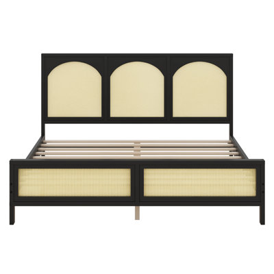 Lit plateforme très grand en bois avec tête et pied de lit en rotin, cadre de lit de style Mid-Century avec lattes en bois