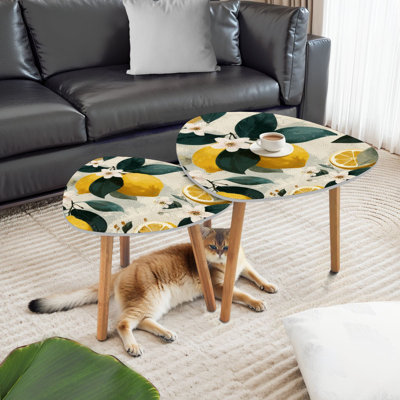 Triangle Nesting Coffee Table Set of 2 seamless Set lemon branch Flower green leaves fruit splashing End Table Modern Minimalist Side Table Set for Living Room Bedroom
