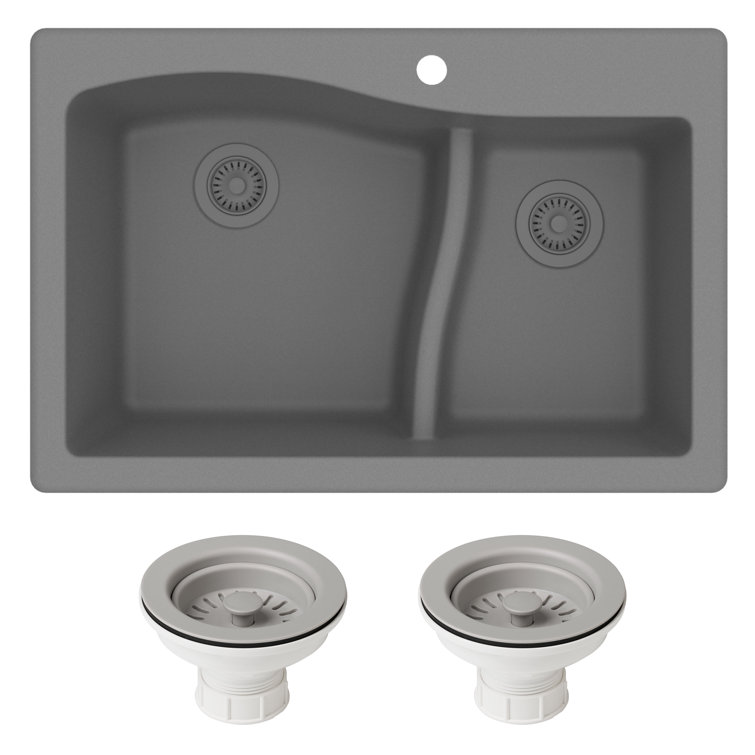 KRAUS Quarza™ 33" L Dual Mount 60/40 Double Bowl Granite Kitchen Sink and Strainers