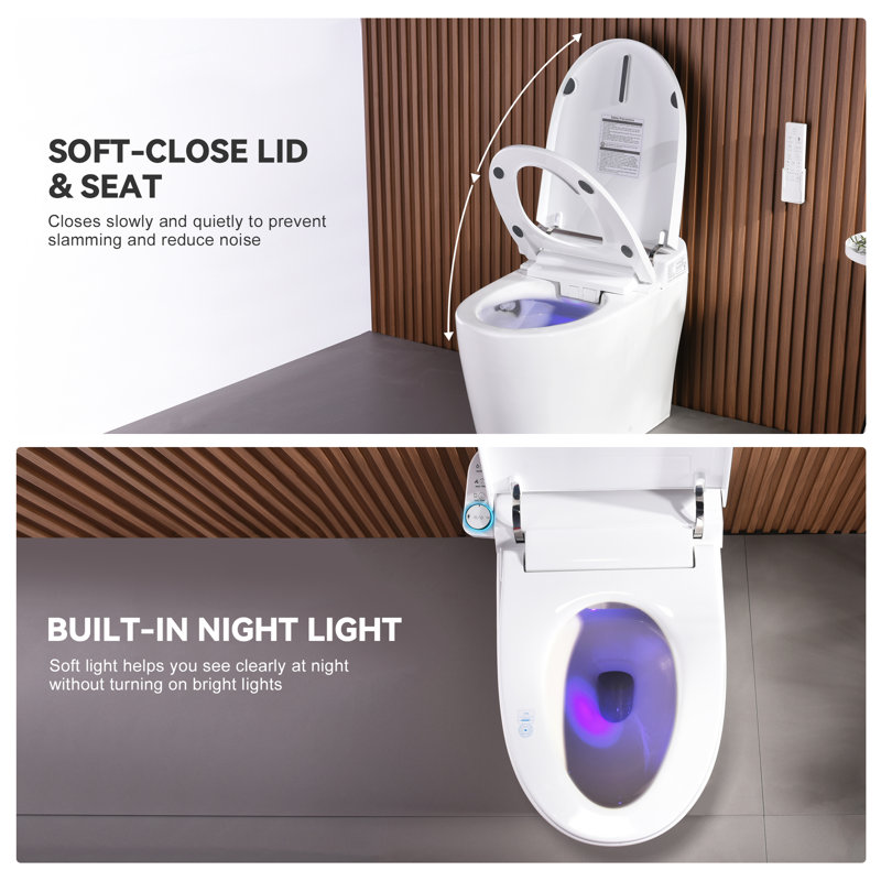 Elongated Tankless Smart Toilet with Bidet, 1.28/1.1 GPF Auto Dual Flush, Heated Seat, Warm Wash/Dryer, Digital Display, Soft-Close, Night Light, Remote Control