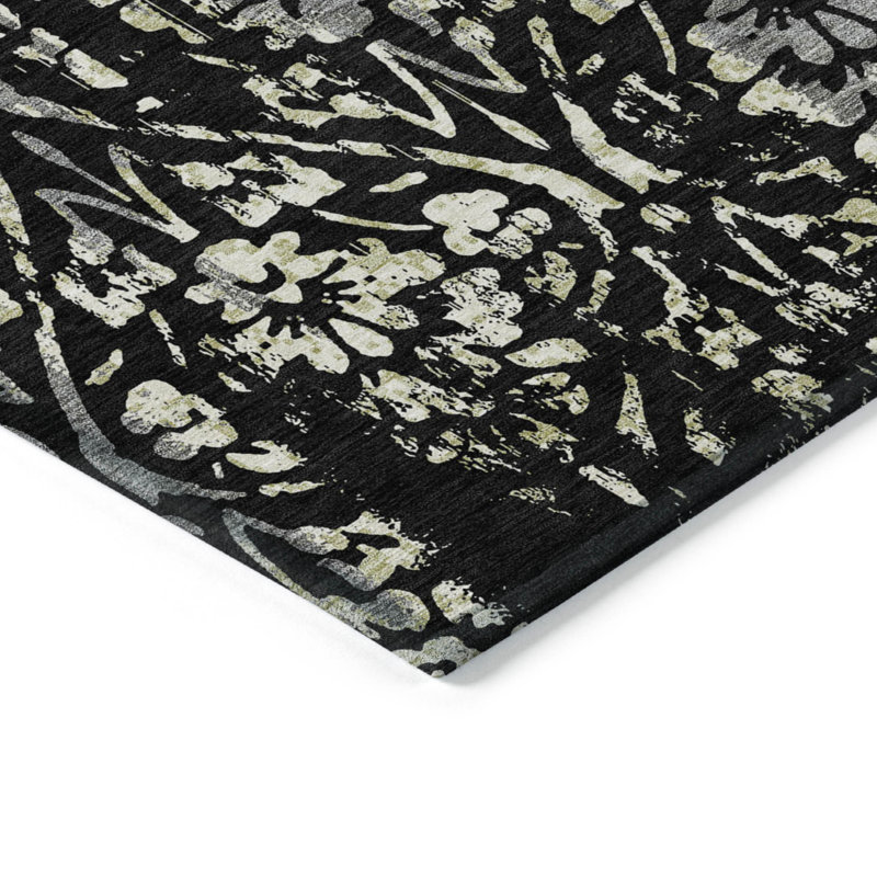 Tapis extérieur lavable floral gris et ivoire 10 pi x 14 pi noir