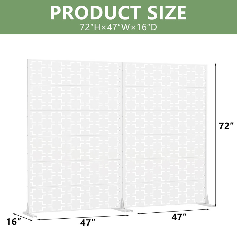 Panneau de clôture d'intimité en métal avec motif élégant, Blanc, 72" H x 94" W x 16" D