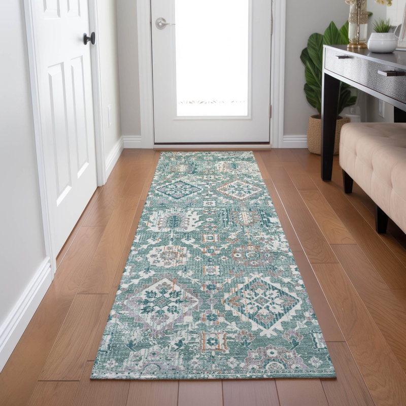 Machine Washable Indoor/Outdoor Xhevrie Seafoam Rug, Runner 2'3" x 7'6"