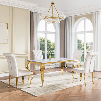 70" Large Rectangular Marble Dining Table, Elegant Faux Marble Kitchen Table With S-Shape Stainless Steel Legs, Luxury Dining Table