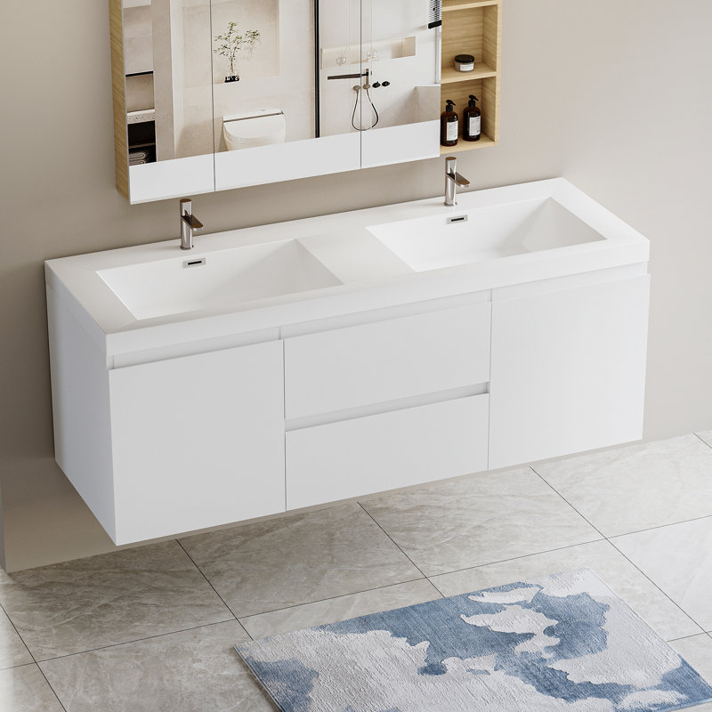Meuble-lavabo mural 60 po avec lavabo, meuble-lavabo mural avec lavabo à surface solide et deux tiroirs à fermeture en douceur, blanc brillant