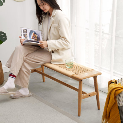 Natural Oak Wood Bench With A Supportive Woven Seat Cane In For Bedroom Decor
