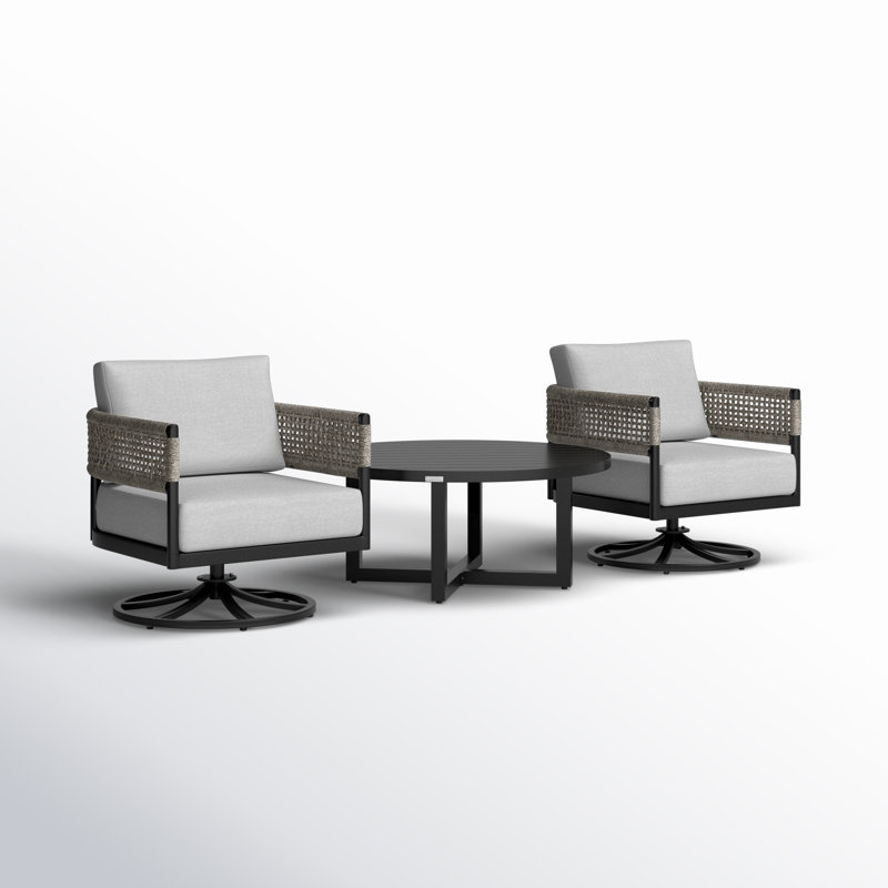 Scotia 3 Piece Patio Outdoor Swivel Seating Set In Black Aluminum With Grey Rope And Cushions