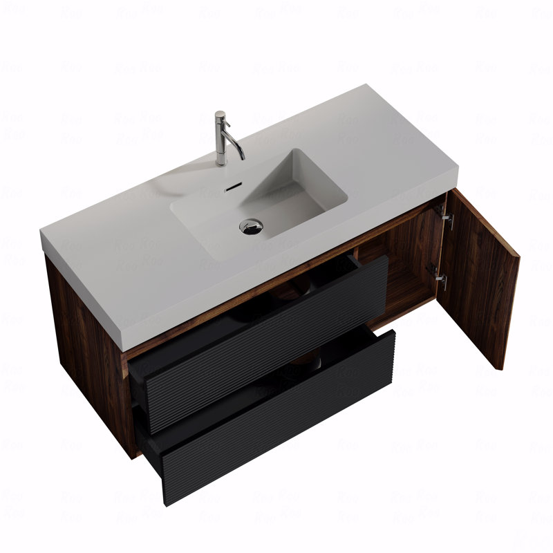 48” Wall-Mounted Bathroom Vanity – Walnut & Black, Glossy White Solid Surface Sink