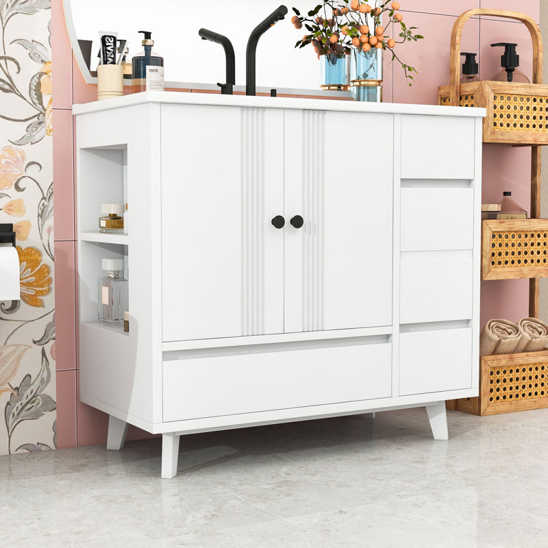Meuble-lavabo de salle de bain avec lavabo et tiroirs de rangement, Blanc
