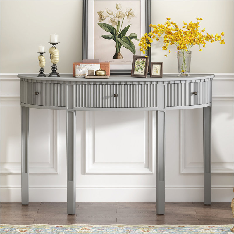 Distinctive Features Of Pine Veneer Console Table With Vertical Stripe Drawer Fronts And Four Legs, Antique White