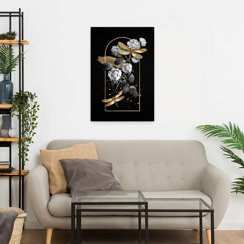 Art mural, libellule et roses dorées, H 24 po x l 16 po