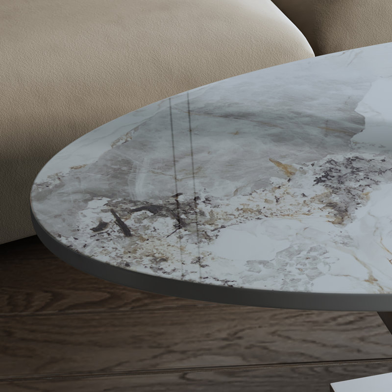 Grandes tables basses et tables de cocktail, marbre, pierre et acier, salon moderne