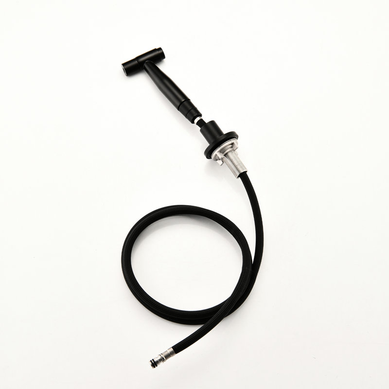 Robinet de cuisine à pont à deux poignées avec douchette latérale en noir mat, acier inoxydable, bec rotatif à 360 °, à décoloration, douchette à débit de 1,2 gallon par minute, acier 304, corrosion pivotante,
