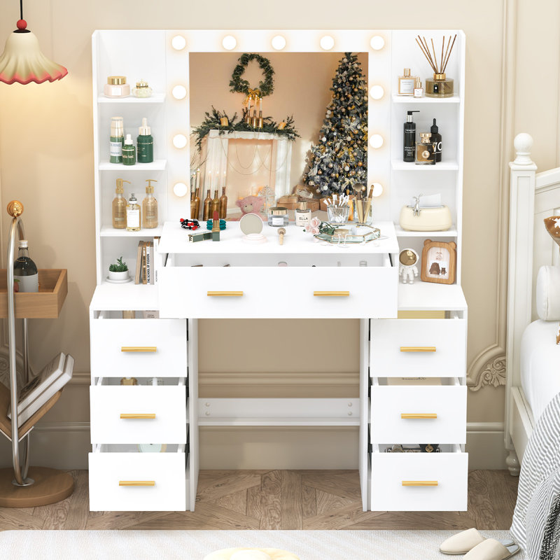 Table de coiffeuse avec miroir et lumières, bureau de coiffeuse avec 6 tablettes, 7 tiroirs avec poignée dorée, coiffeuse de maquillage pour la chambre à coucher