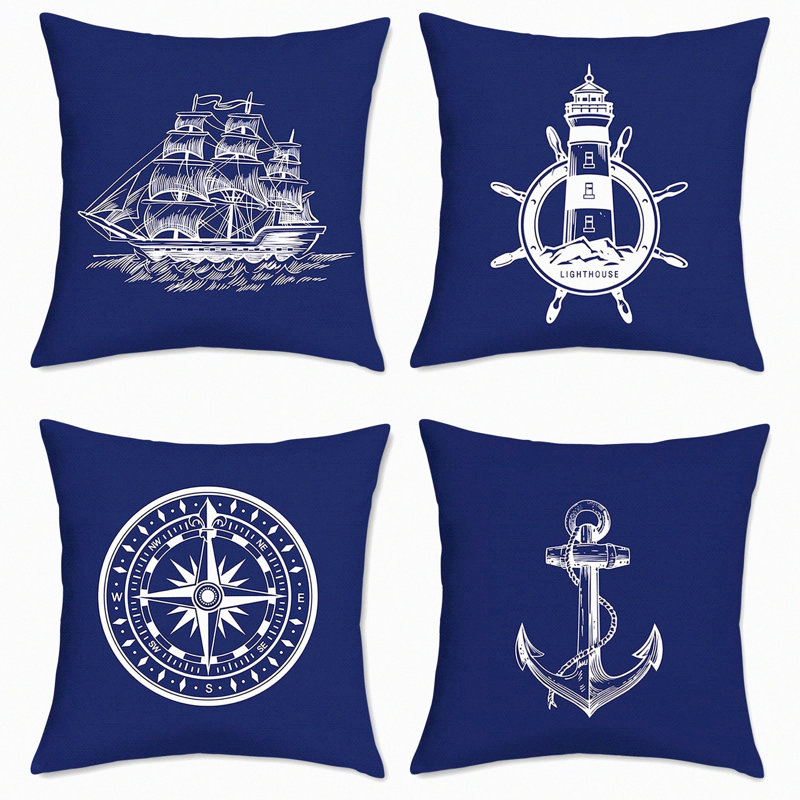 Coastal Anchor Lighthouse Sailboat Decor Pillow Covers - Set of 4 Nautical Navy Blue Linen Cushion Cases for Sofa Couch Bed Home Decor -