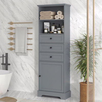 Tall Storage Cabinet With 3-Drawers And Adjustable Shelves For Bathroom, Study, Office And Interior, MDF Board With Painted Finish