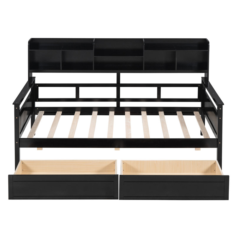 Twin Size Daybed In Finish, With Solid Wood Slats And Storage Options , Functional Facilities, Espresso, Twin
