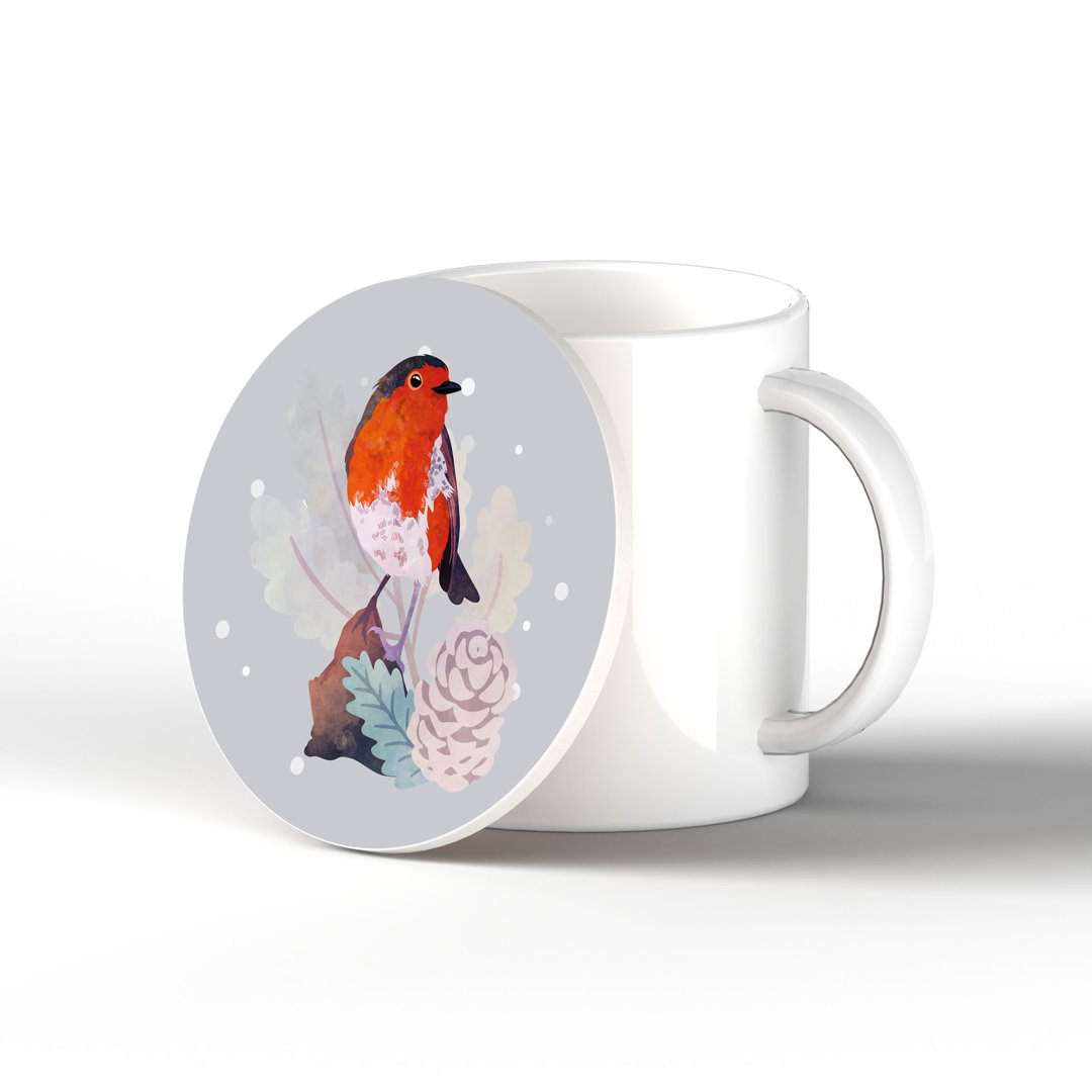 Festive Robin On Stump Christmas Ceramic Round Coaster