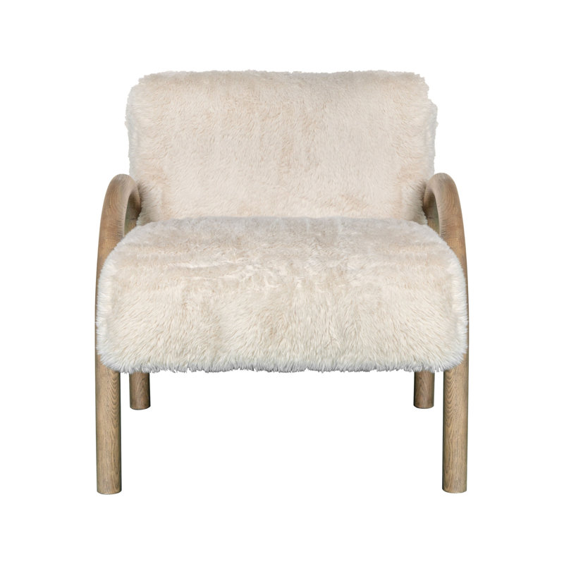 Fauteuil 30 po en fausse fourrure et bois naturel blanc cassé