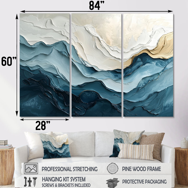 Ensemble 2 pièces d'art mural «White and Blue Marble Wave II», H 60 po x l 84 po x P 1,5 po, Toile tendue