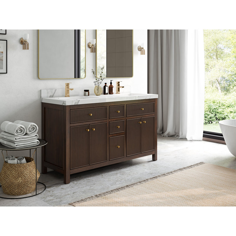 Sonoma X P 22 po Meuble-lavabo double en noyer foncé D, Calacatta Laza