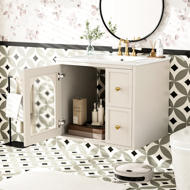 Meuble-lavabo 24 po: fixé au mur pour les petits espaces, lavabo en céramique, 1 porte à fermeture douce, 2 tiroirs profonds, peu encombrant, installation rapide, trop-plein Modern Decor 2, rangement pour porte en verre, assemblage, look