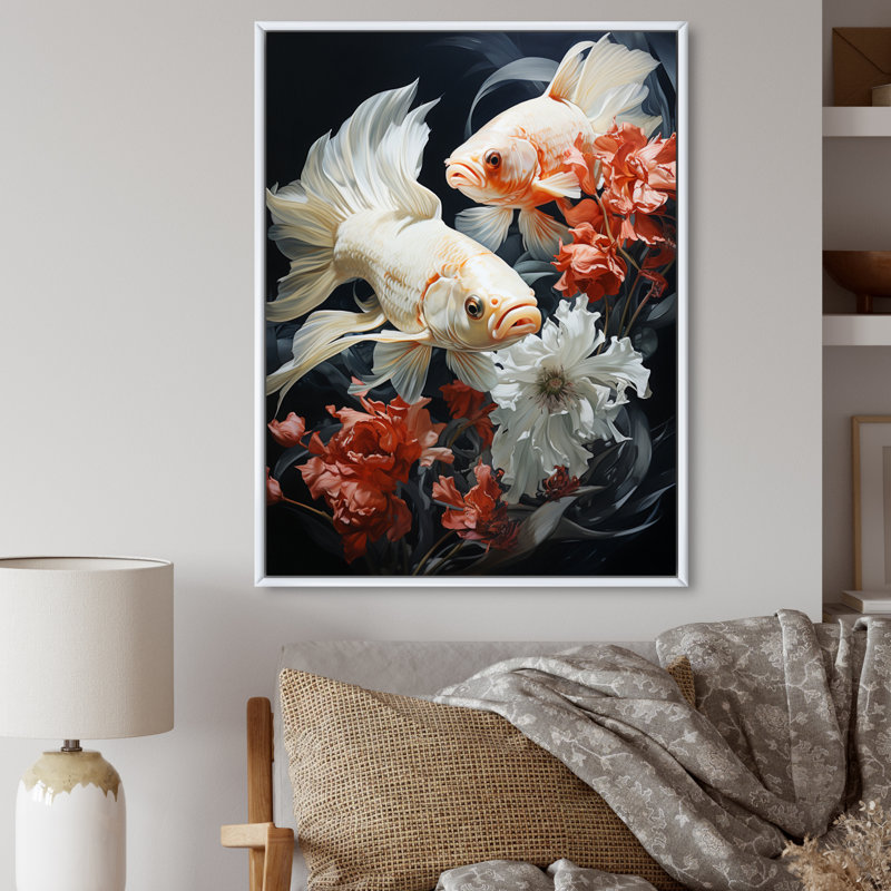 " Fish Aquatic Symphony ", White Floater Framed, 44" H x 34" W x 1.5" D