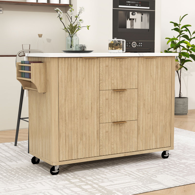 Kitchen Island with Drop Leaf, Power Outlet, Adjustable Shelves, 3 Drawers and Ample Storage, Natural