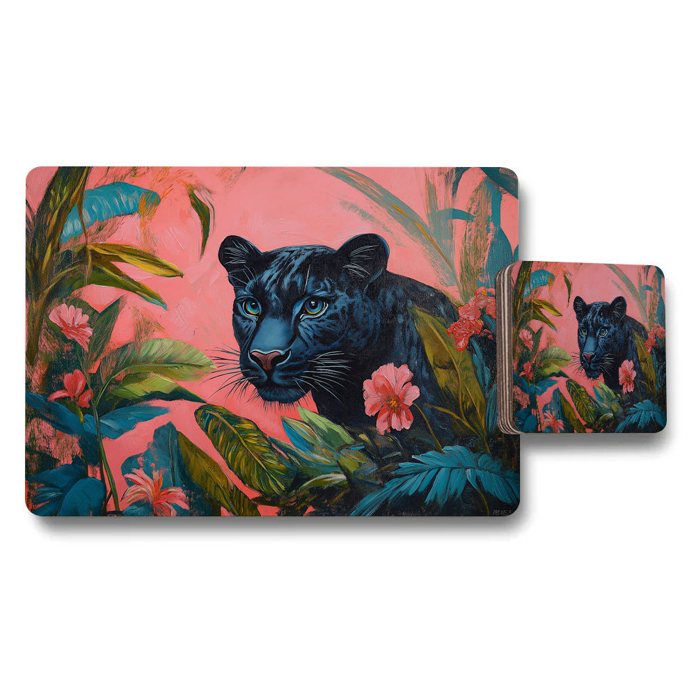 Tropical Panther Placemat And Coaster Set With Jungle Floral Design