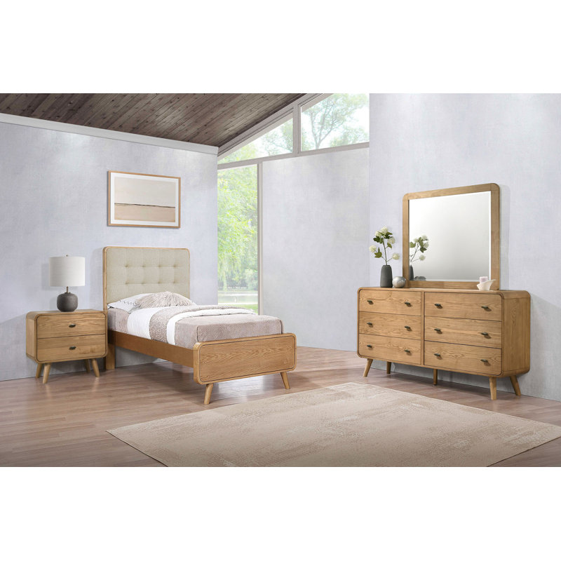 Ensemble de chambre à coucher simple 4 pièces Graesen, Twin, Light Brown, 4 Pcs: Bed, Mirror, Nightstand, Dresser