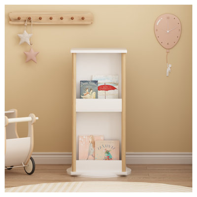 360° Rotating Kids Bookshelf with Chalkboard, 3-Tier Wood Revolving Bookcase & Toy Storage Organizer for Toddlers, Nursery Furniture & Playroom Organization, White
