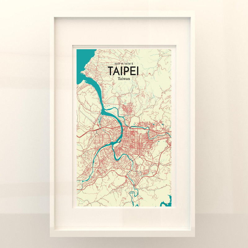 Taipei City Map in Tricolour 1 Piece Wall Art, 17cm H x 11cm W x 0.05cm D