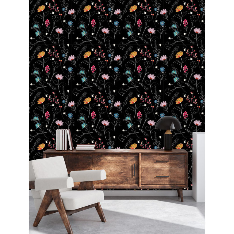 Carreau de papier peint noir avec contour de fleurs L 10,4 pi x l 25 po, L 25 po x L 124,8 po