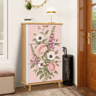 Shoe Storage Cabinet with 3 Flip Drawers Elegant Floral Pink Roses White Anemones Purple Slim Standing Shoe Rack Organizer Narrow Hidden Wooden Cupboard for Entryway Hallway Foyer Closet Apartment Small Space
