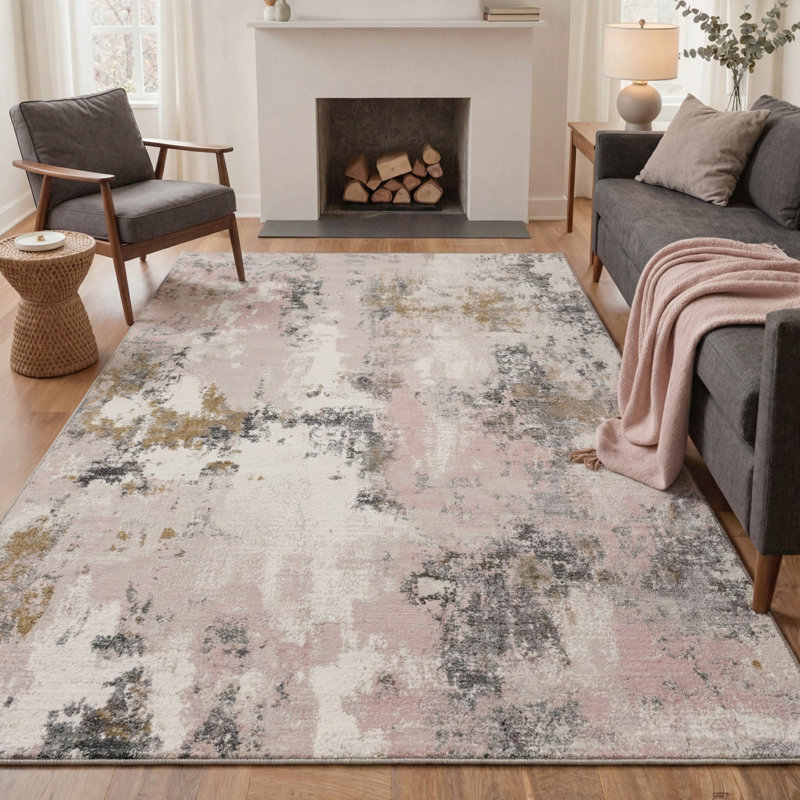 Mignone Aura Abstract Art Machine Washable Blush Haze Indoor Area Rug With Non-Slip Backing, Rectangle 6' x 9'